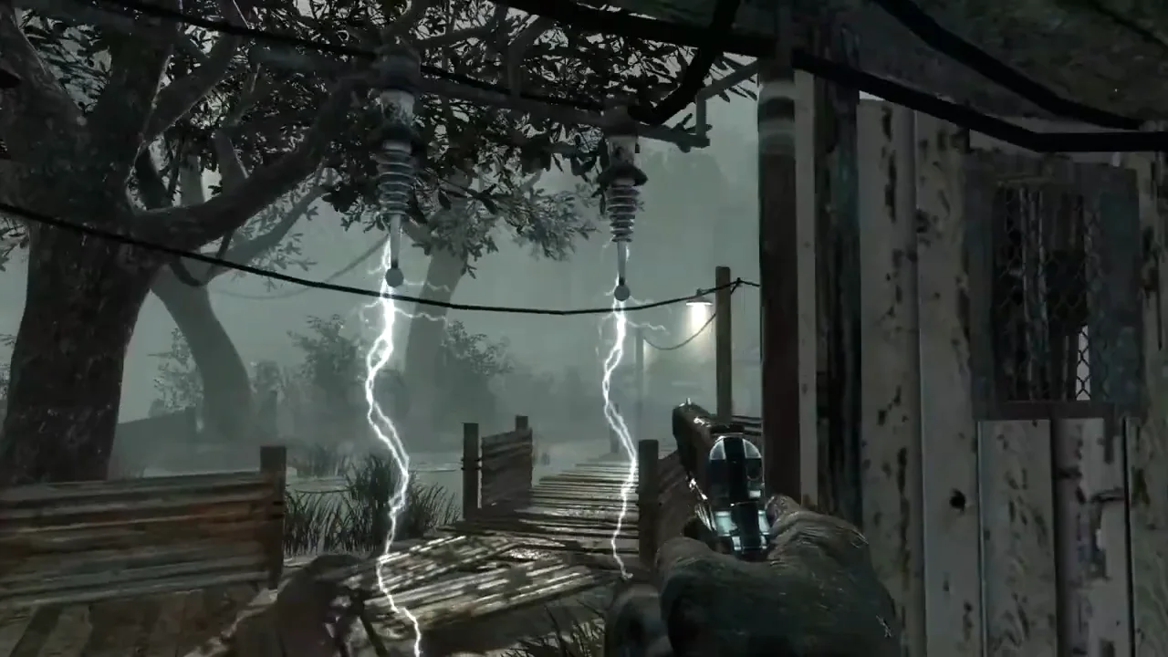 The Electro-Shock Defenses firing bolts of electricity across the doorway of a hut, Shi No Numa, Call of Duty Black Ops Zombies