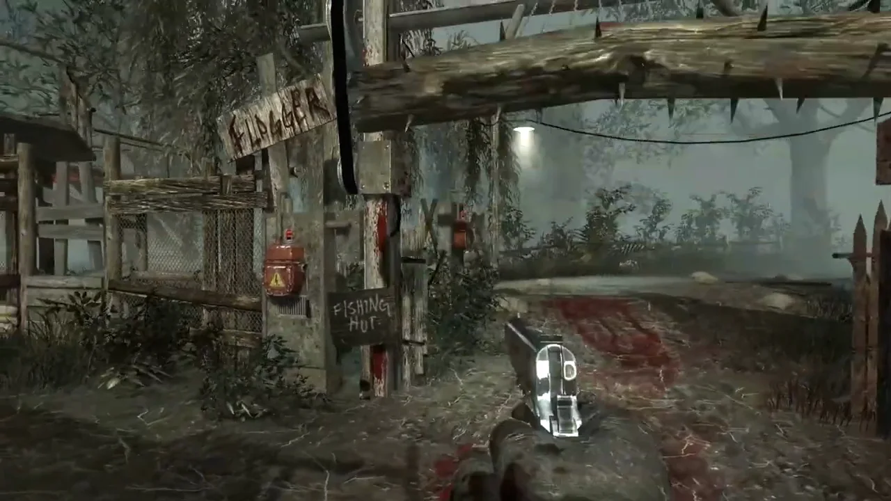 The Flogger trap and its sign on the path to the Fishing Hut, Shi No Numa, Call of Duty Black Ops Zombies