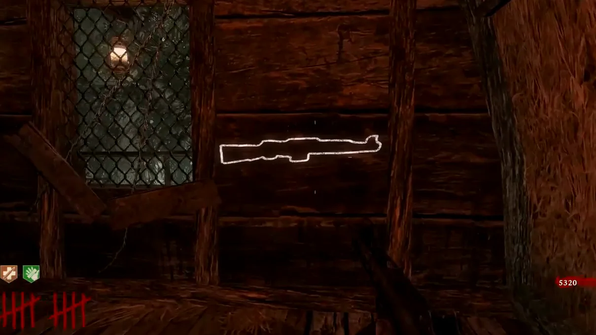 The chalk outline of the Gewehr 43 beside a lattice window of the spawn room, Shi No Numa, Call of Duty Black Ops Zombies