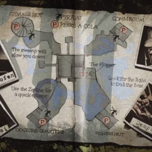 The hand-drawn map of the swamp with its huts, traps and perk spots, Shi No Numa loading screen, Call of Duty Black Ops Zombies