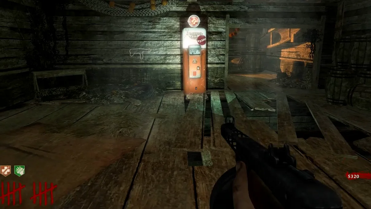 The Juggernog machine, priced 2500, standing in one of the huts, Shi No Numa, Call of Duty Black Ops Zombies