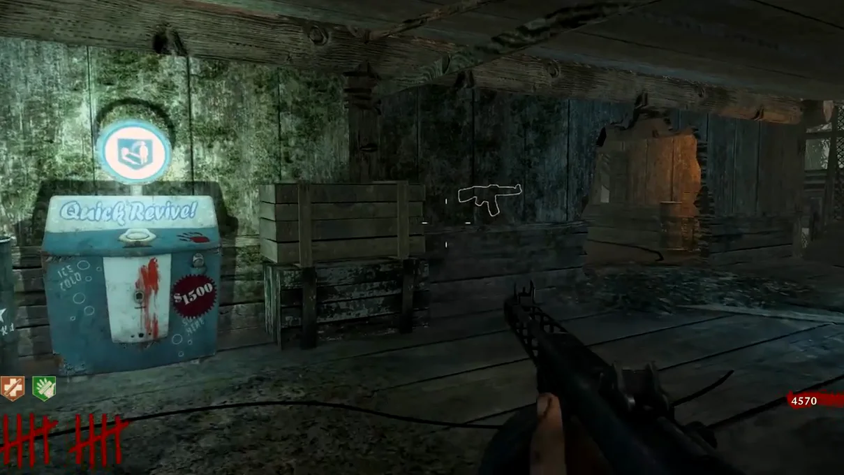 The Quick Revive machine in the Comm Room, priced 1500, with the STG-44 chalk outline on the wall, Shi No Numa, Call of Duty Black Ops Zombies