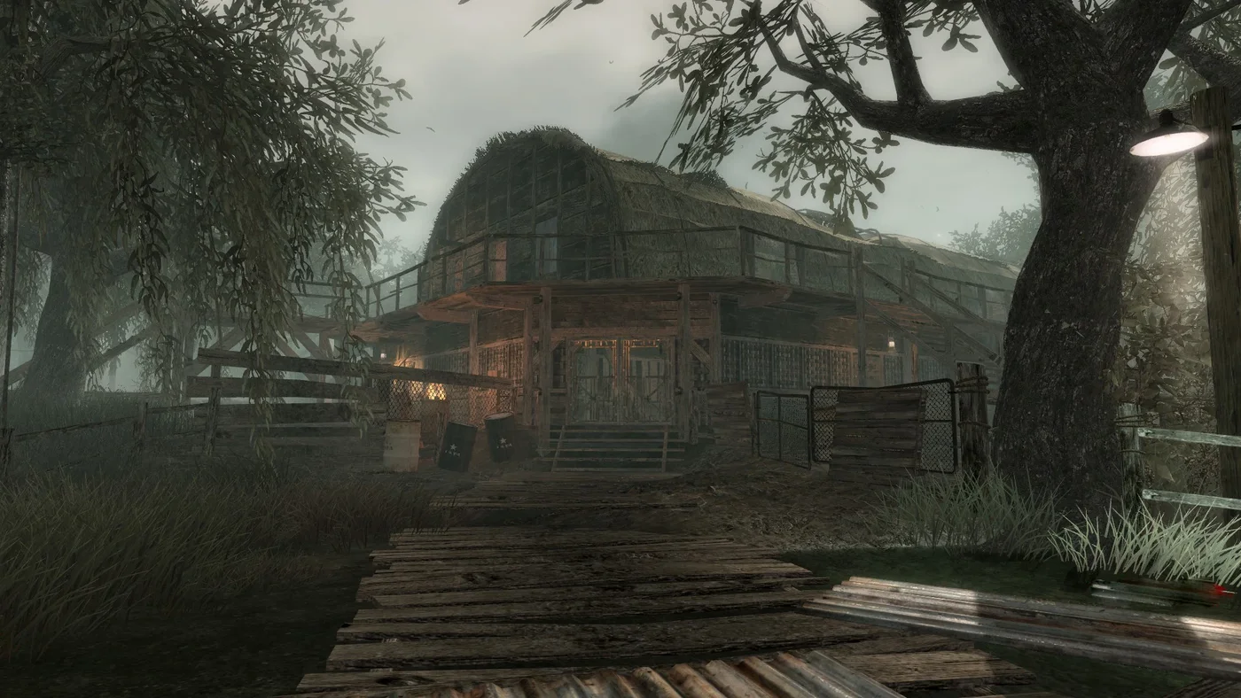 A hut and its boardwalk among the trees of the swamp, Shi No Numa, Call of Duty Black Ops Zombies