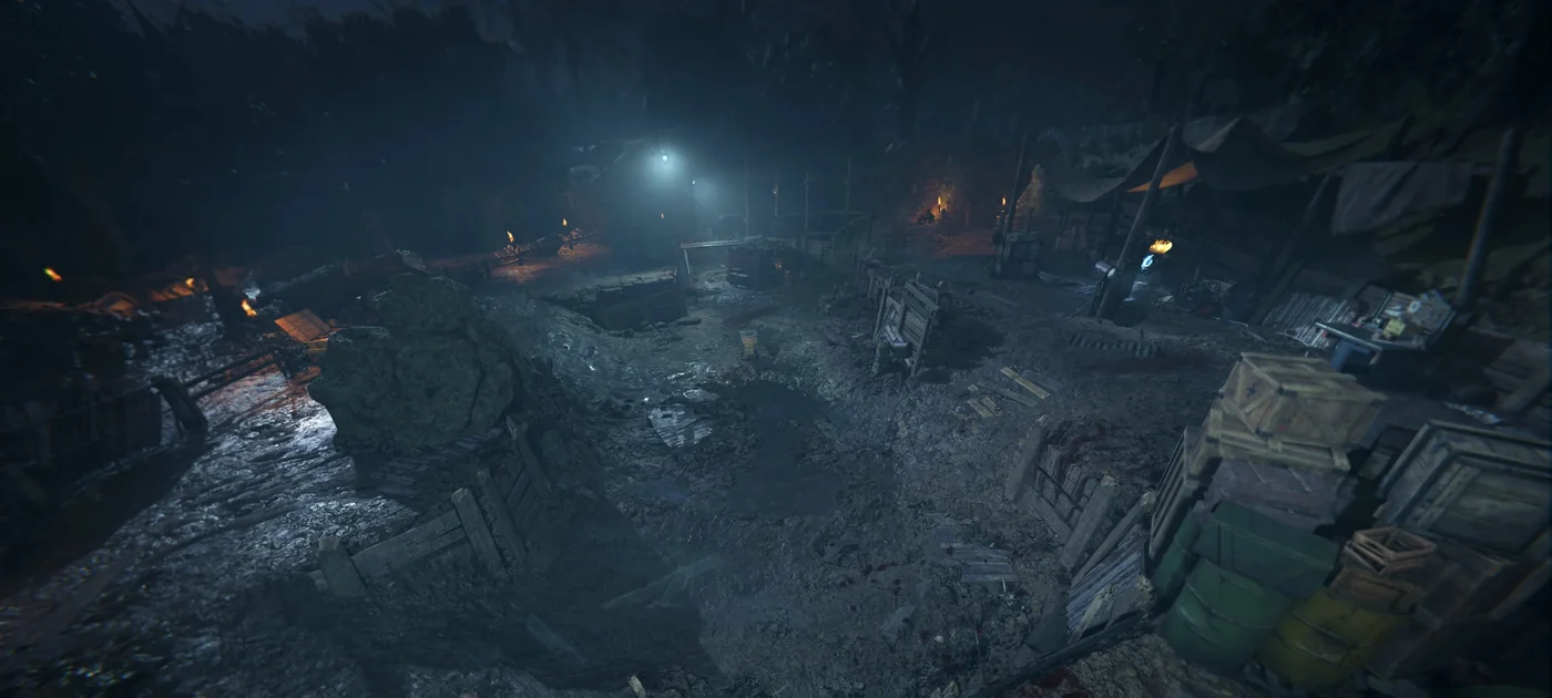 The Dig Site, a muddy ditch surrounded by crates and an elevated path, official promotional image, Shi No Numa, Call of Duty Vanguard Zombies