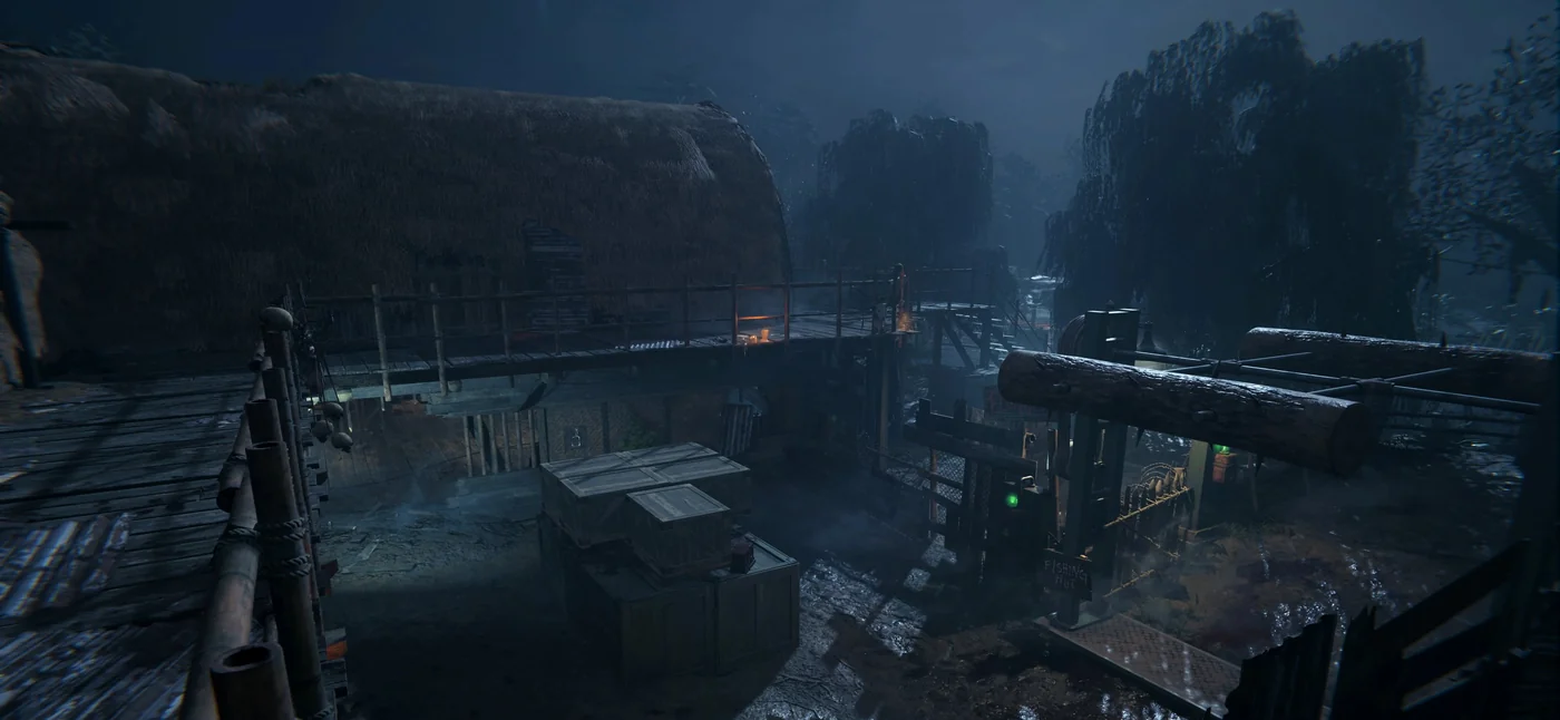 The Flogger Courtyard below the Main Hut, with the spiked logs of the Flogger on the right, official promotional image, Shi No Numa, Call of Duty Vanguard Zombies