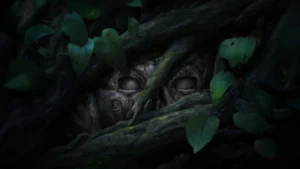 Loading screen of Shi No Numa: a face carved in a tree trunk, half hidden by roots and jungle leaves, Shi No Numa, Call of Duty Vanguard Zombies