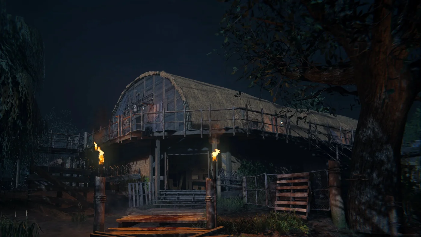 The Main Hut at night, its curved roof above the wooden steps of the front entrance, official promotional image, Shi No Numa, Call of Duty Vanguard Zombies