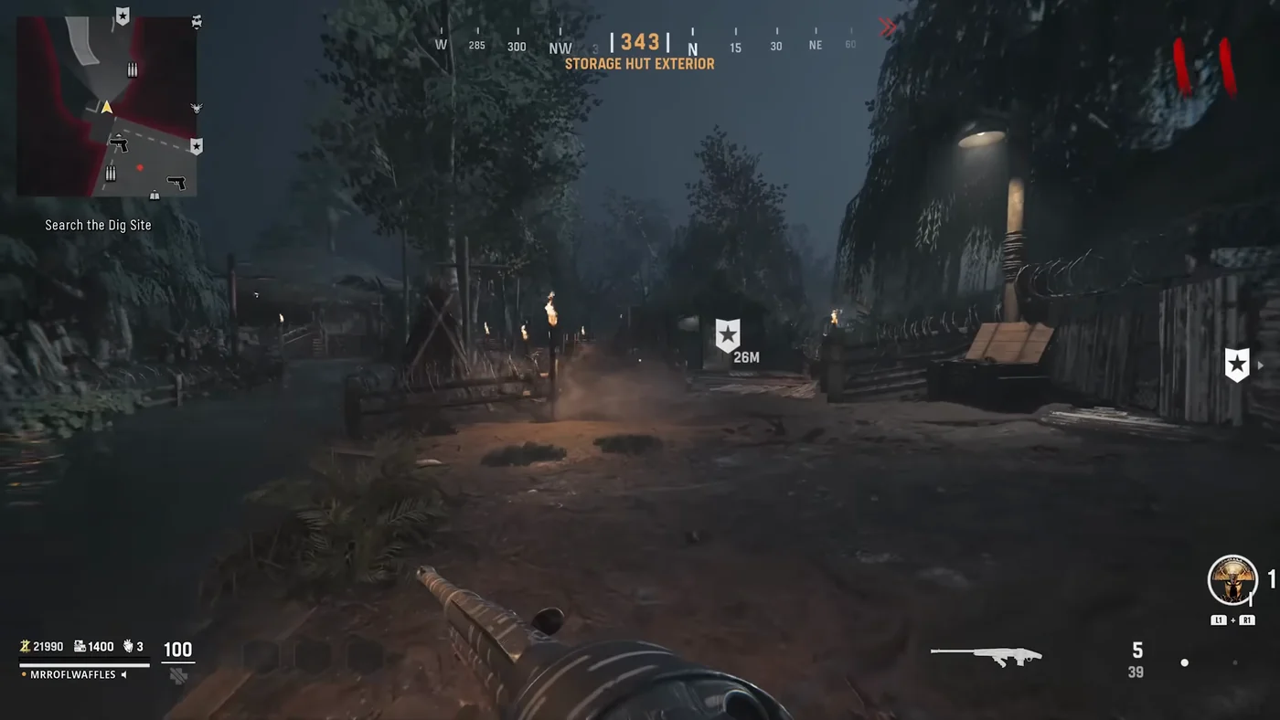 The path through the swamp outside the Storage Hut, lit by torches, Shi No Numa, Call of Duty Vanguard Zombies