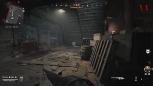 The Storage Vault, the small upper room of the Main Hut where the game starts, with a wall weapon outlined on the left wall, Shi No Numa, Call of Duty Vanguard Zombies