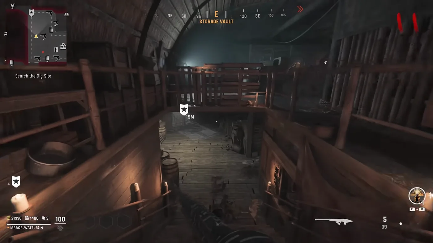 The staircase going down from the Storage Vault to the lower floor of the Main Hut, under the curved thatched roof, Shi No Numa, Call of Duty Vanguard Zombies