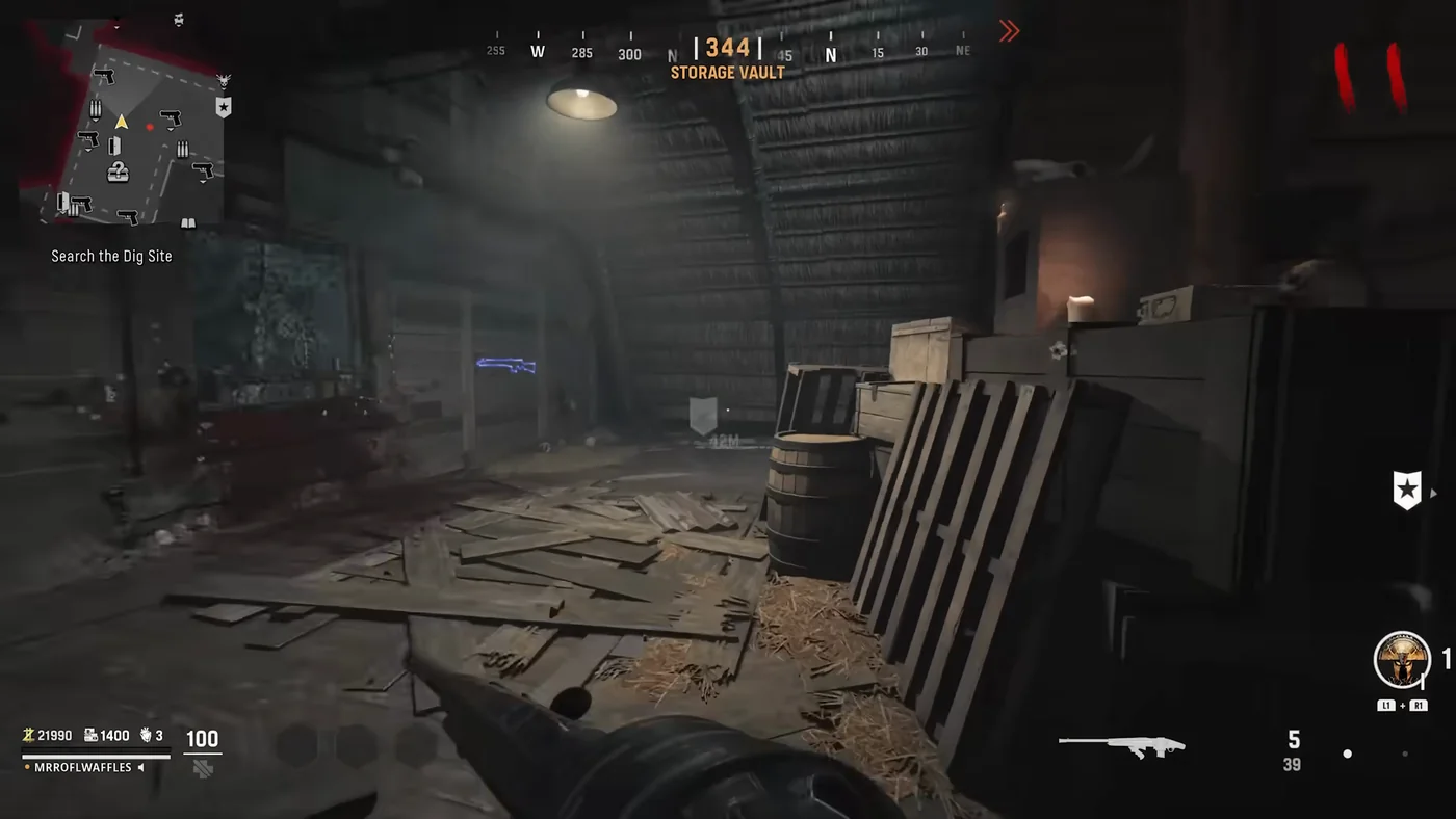 The Storage Vault, the small upper room of the Main Hut where the game starts, with a wall weapon outlined on the left wall, Shi No Numa, Call of Duty Vanguard Zombies