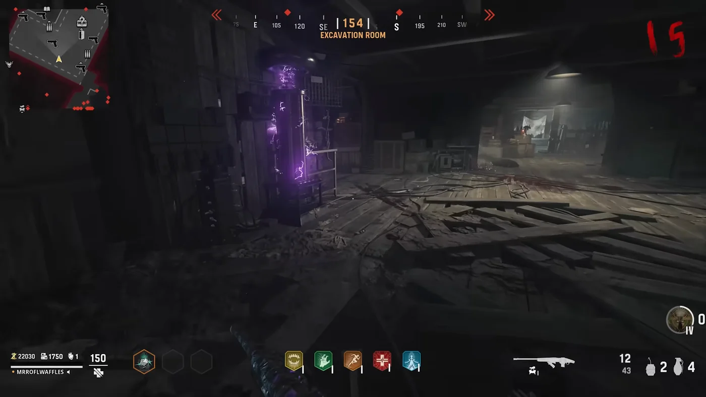 The Tesla coil of the Excavation Room crackling with purple electricity, Shi No Numa, Call of Duty Vanguard Zombies