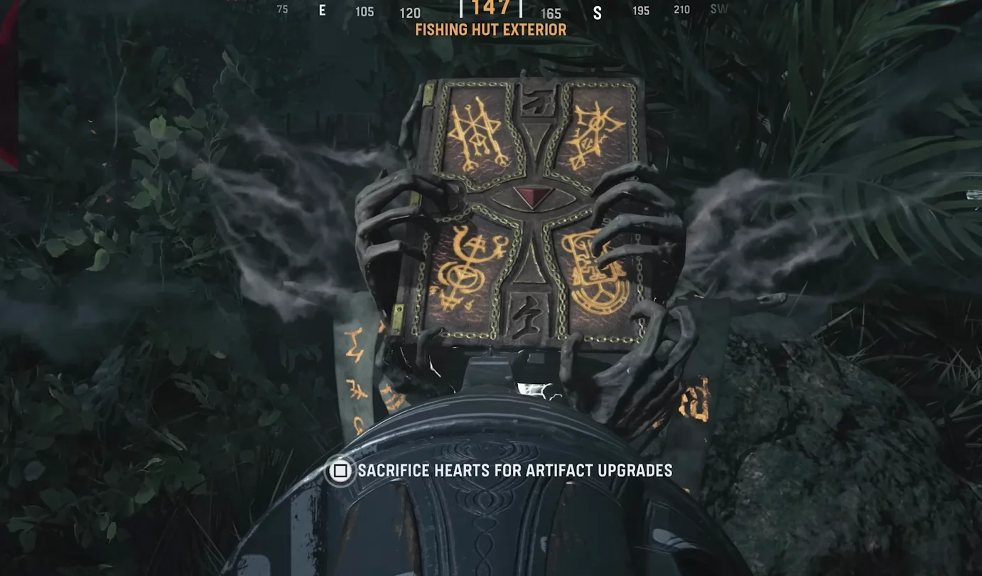 The Tome of Rituals on its stand outside the Fishing Hut, with the prompt to sacrifice hearts for artifact upgrades, Shi No Numa, Call of Duty Vanguard Zombies