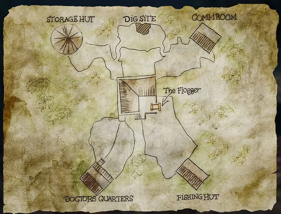 Hand-drawn map of the swamp with the Main Hut in the middle, the four huts, the Dig Site and the Flogger, Shi No Numa, Call of Duty Vanguard Zombies