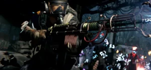 An operator in a gas mask firing the Wunderwaffe DG-2 into a horde, official promotional image, Shi No Numa, Call of Duty Vanguard Zombies
