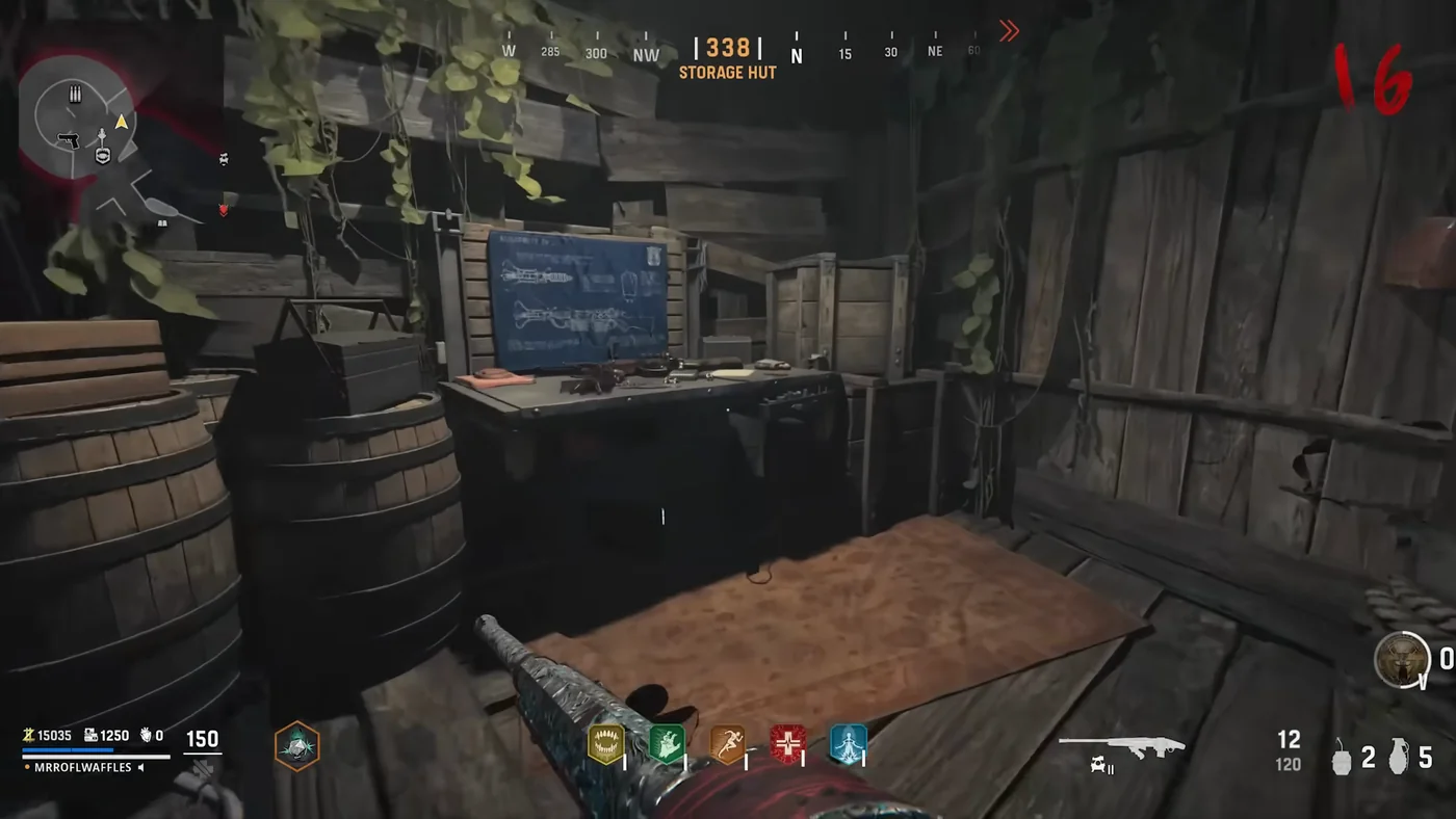 The workbench of the Storage Hut under the Wunderwaffe DG-2 blueprint, Shi No Numa, Call of Duty Vanguard Zombies