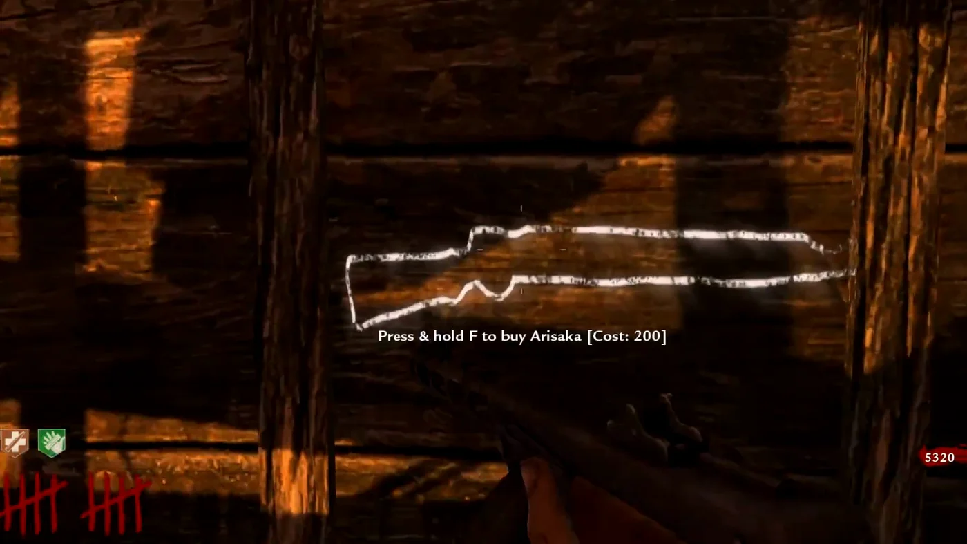 The Arisaka chalk outline on a wall of the starting room, sold for 200 points, Shi No Numa, Call of Duty World at War Zombies