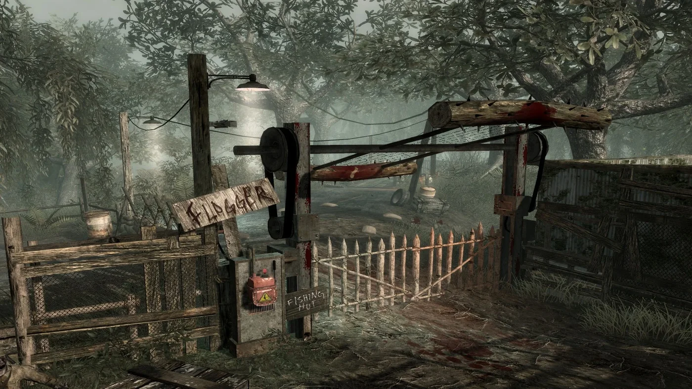 The Flogger, a spinning log covered in spikes, at the gate to the Fishing Hut, Shi No Numa, Call of Duty World at War Zombies