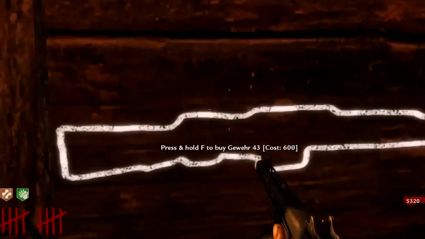 The Gewehr 43 chalk outline next to a window of the starting room, sold for 600 points, Shi No Numa, Call of Duty World at War Zombies