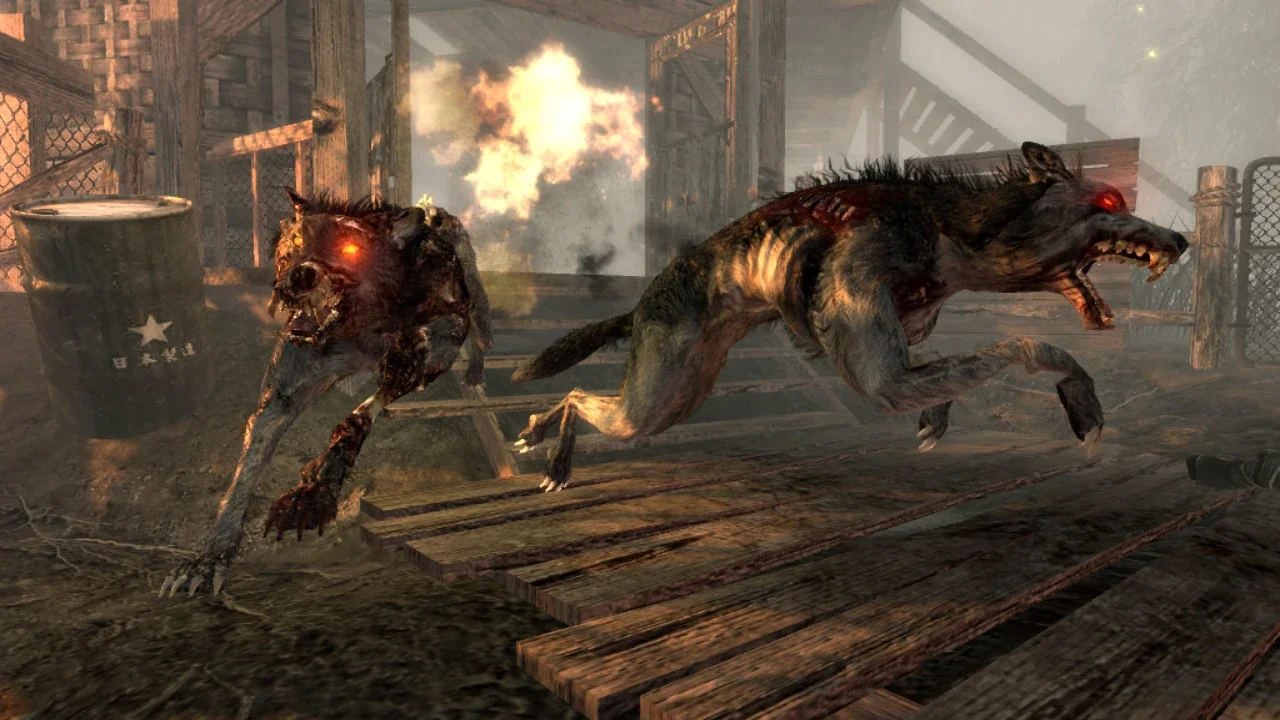Two burning Hellhounds running along the walkways of the swamp, Shi No Numa, Call of Duty World at War Zombies