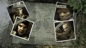 The loading screen: a hand-drawn map of the swamp and the four huts, with photos of Richtofen, Nikolai, Takeo and Dempsey, Shi No Numa, Call of Duty World at War Zombies