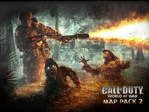 Official artwork of Map Pack 2, a soldier with a flamethrower facing zombies in a swamp, Shi No Numa, Call of Duty World at War Zombies