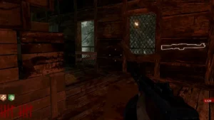 The Gewehr 43 chalk outline beside a window of the starting room, Shi No Numa, Call of Duty World at War Zombies