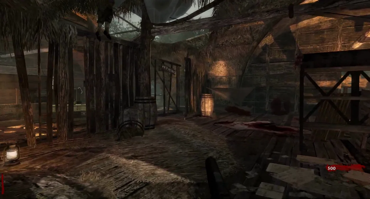 The top floor of the main hut where the game starts, with the Warning gate at the back and the legs of a hanging corpse above, World at War on PC, Shi No Numa, Call of Duty World at War Zombies