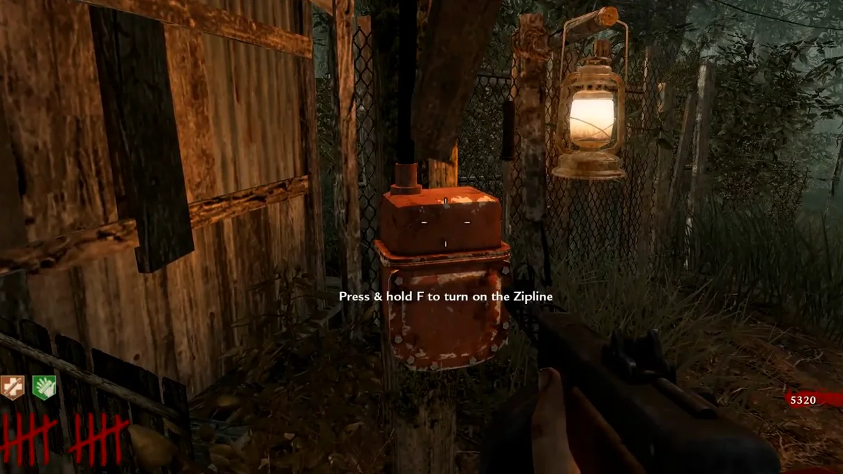 The zipline power panel beside a lantern outside the Doctor's Quarters, with the prompt to turn on the zipline, Shi No Numa, Call of Duty Black Ops Zombies