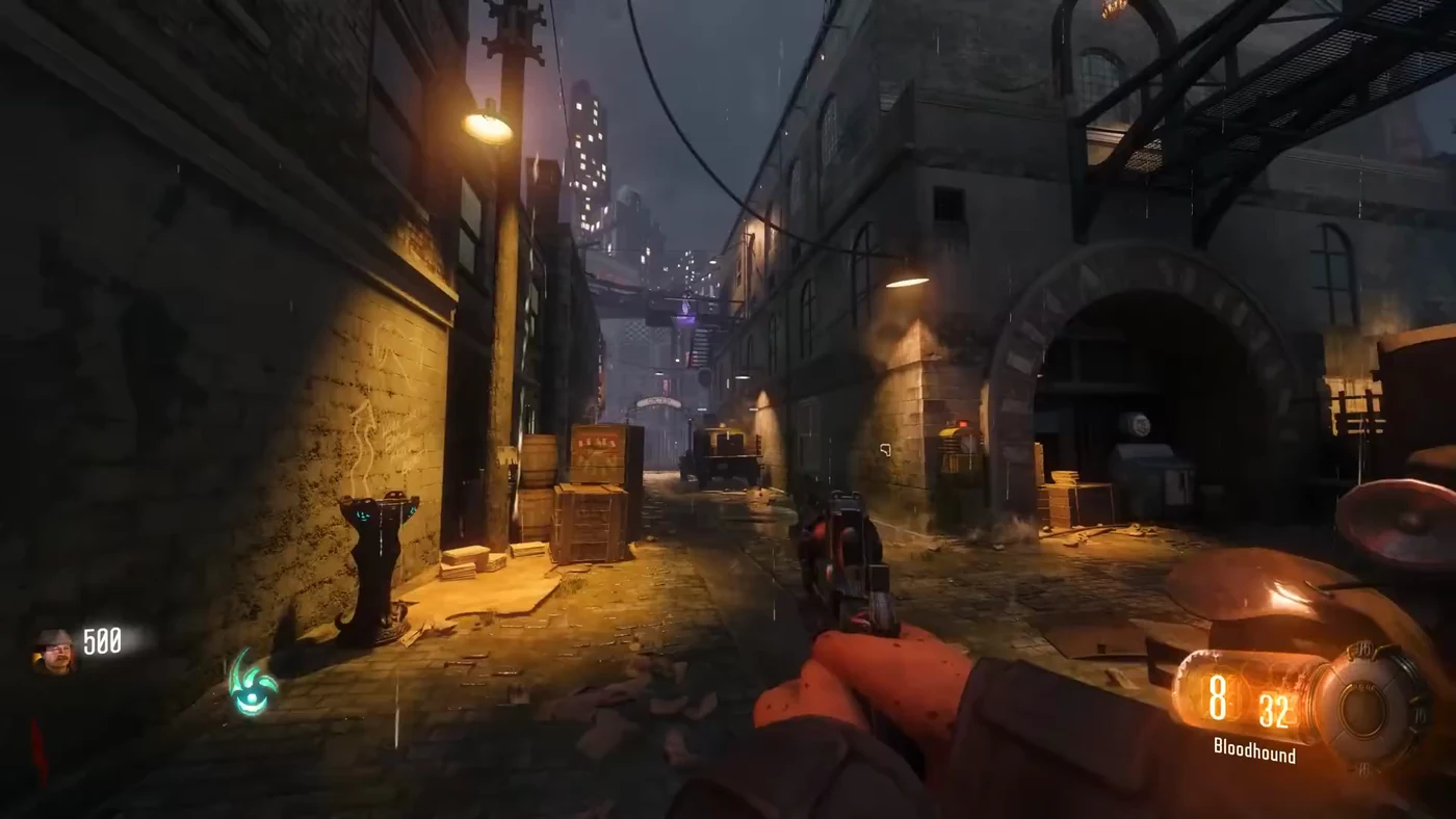 The starting alley of Easy Street with the Beast pedestal, crates and the fire escape, Shadows of Evil, Call of Duty Black Ops III Zombies