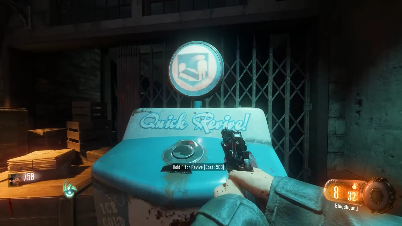 The Quick Revive machine by the gate of the starting alley, sold 500 points in solo, Shadows of Evil, Call of Duty Black Ops III Zombies