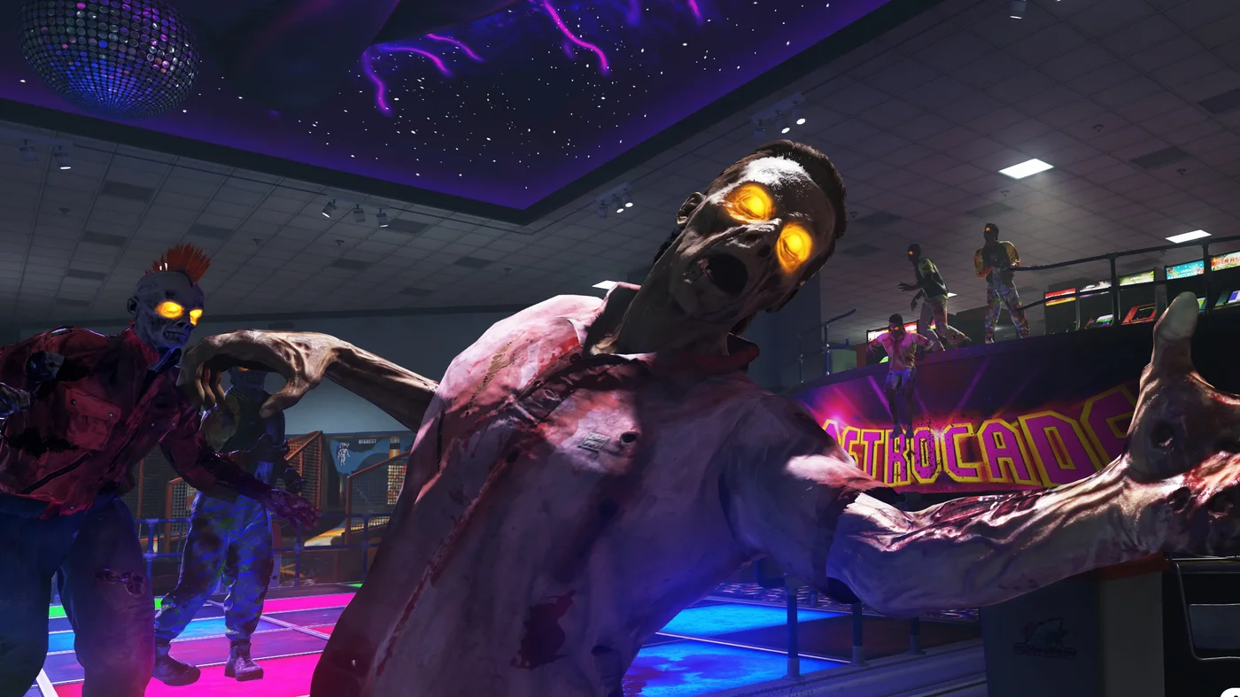 A zombie reaching out in the Astrocade, above the coloured dance floor, official screenshot, Spaceland, Call of Duty Infinite Warfare Zombies