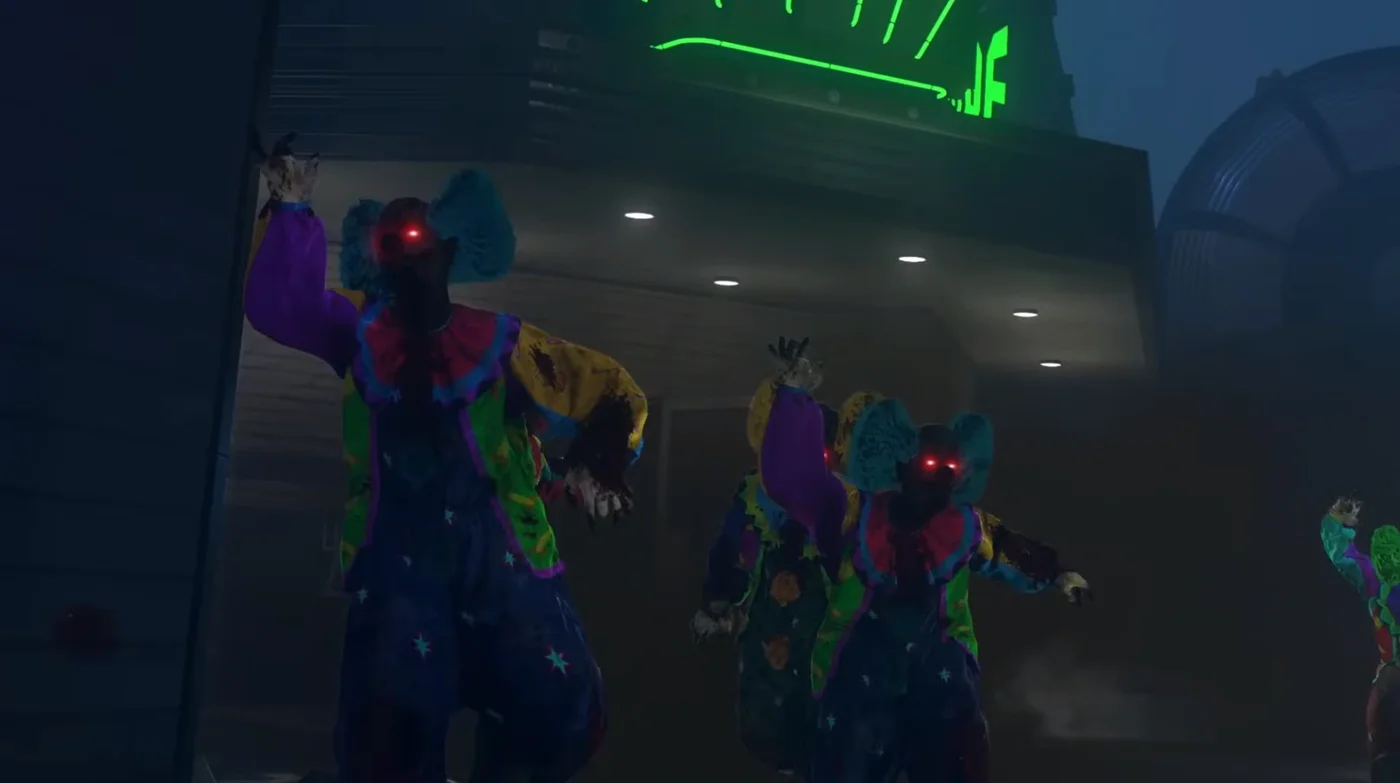 Clown Zombies with glowing eyes coming out of the dark, reveal trailer, Spaceland, Call of Duty Infinite Warfare Zombies