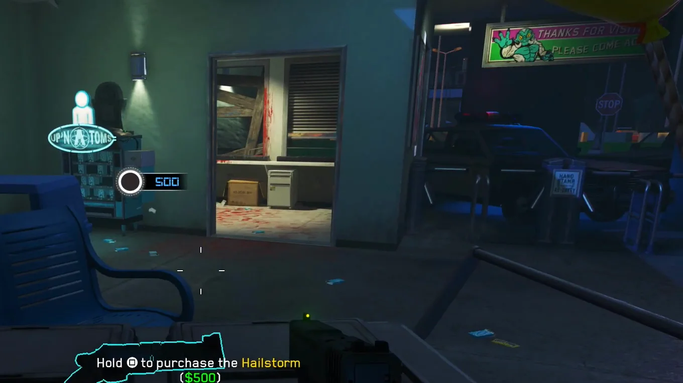 The Hailstorm prompt for 500 points on the counter in front of the Up 'N Atoms machine, with an open office door behind, Spaceland, Call of Duty Infinite Warfare Zombies