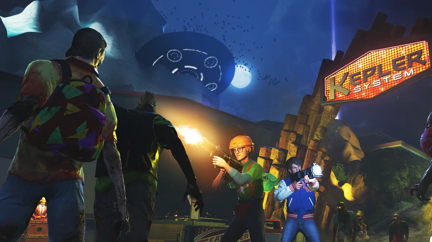 Poindexter and A.J. fighting under the Kepler System sign, with a UFO in the background, official screenshot, Spaceland, Call of Duty Infinite Warfare Zombies