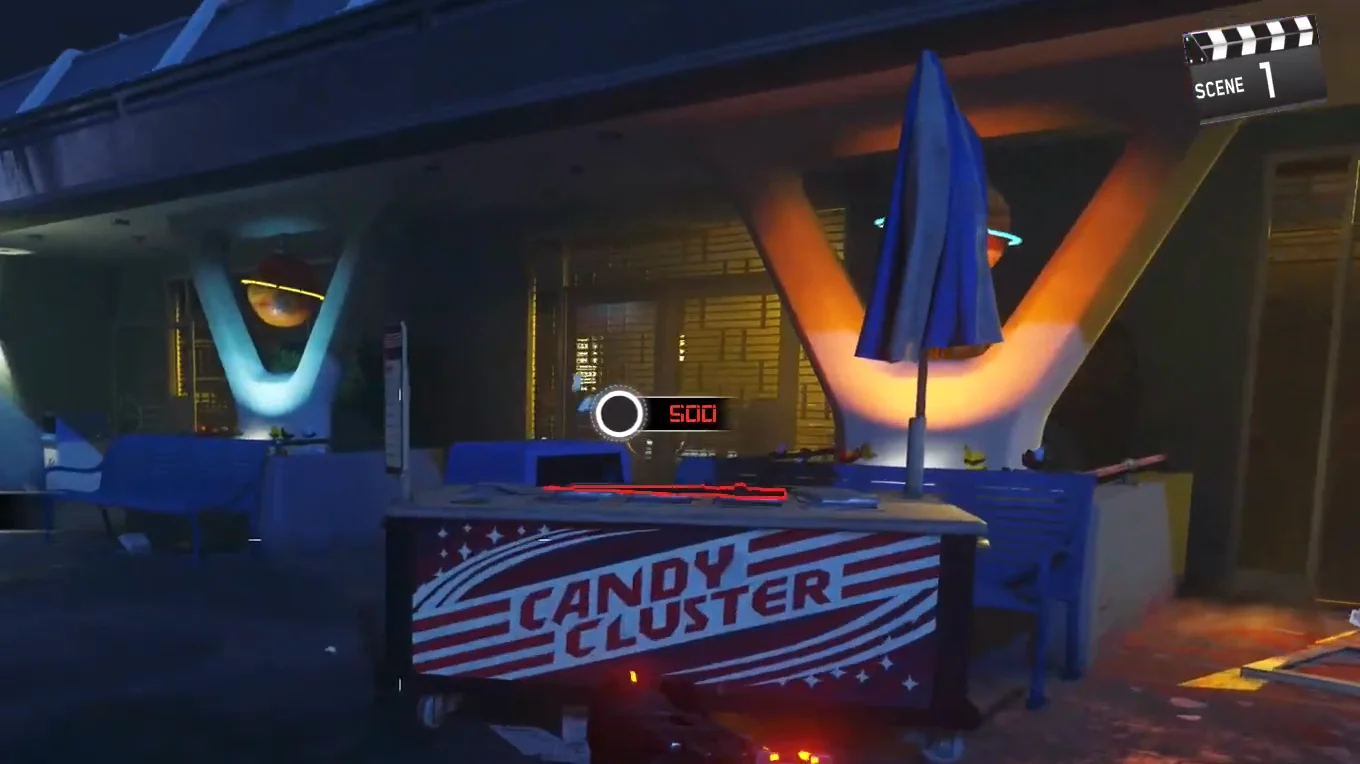 The M1 outlined on top of the Candy Cluster cart, with its 500-point price marker, Spaceland, Call of Duty Infinite Warfare Zombies