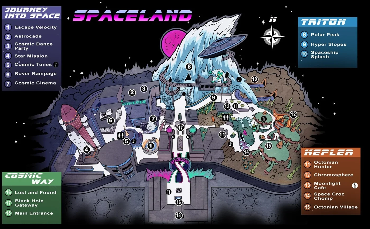 The official map of the Spaceland park, with its areas Journey into Space, Triton, Kepler and Cosmic Way, Spaceland, Call of Duty Infinite Warfare Zombies