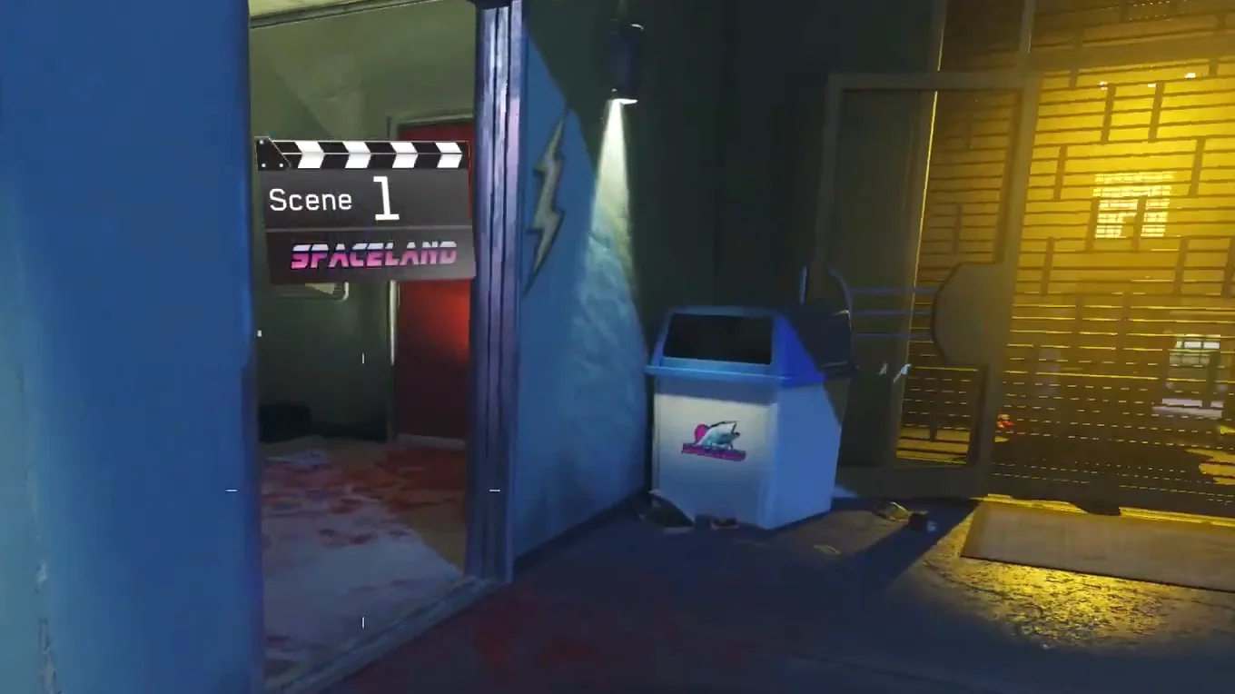 The open doorway of the ticket office marked with a lightning bolt, the power room of the starting area, at scene 1, Spaceland, Call of Duty Infinite Warfare Zombies