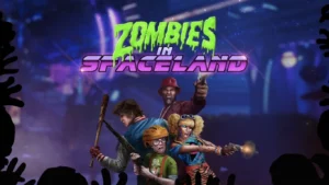 The four actors fighting zombies under the Zombies in Spaceland title, promotional image, Spaceland, Call of Duty Infinite Warfare Zombies