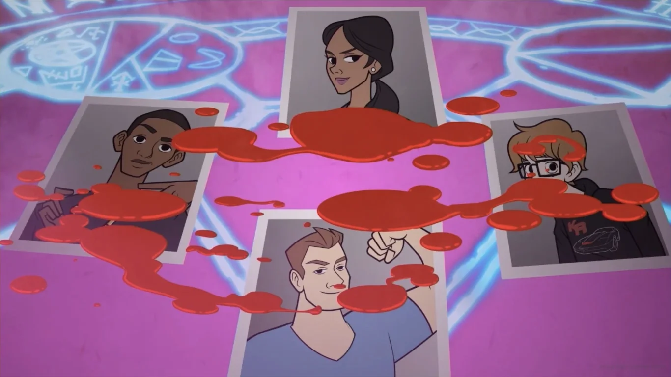 Blood dripping on the photos of the four actors in the ritual circle, intro cinematic, Spaceland, Call of Duty Infinite Warfare Zombies