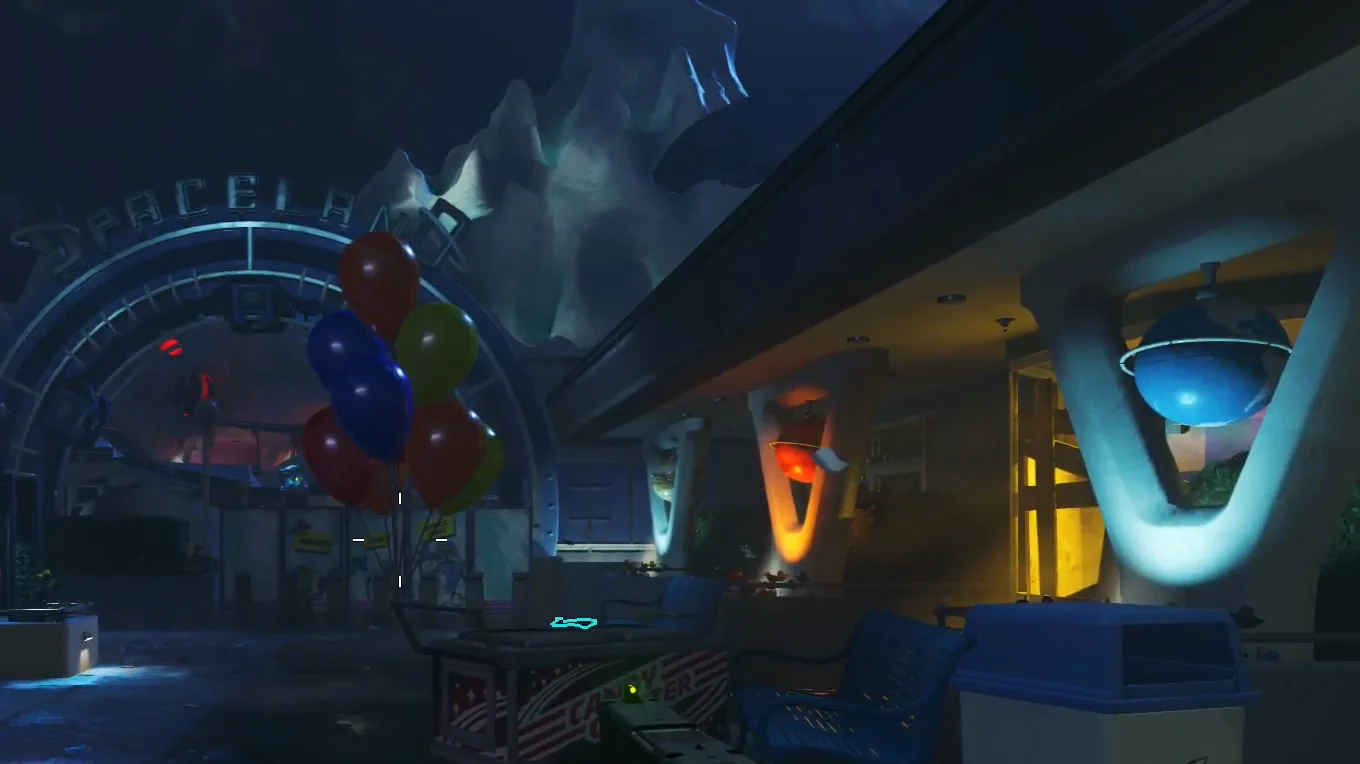 The starting area of Spaceland at round 1, with the neon Spaceland arch, the balloons and the mountain of Polar Peak behind it, Spaceland, Call of Duty Infinite Warfare Zombies