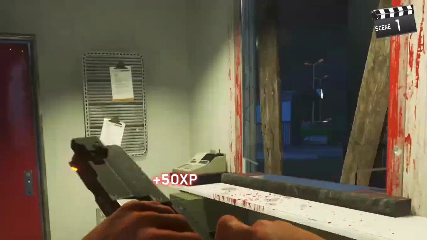 A boarded window being rebuilt inside a ticket office of the starting area, with +50 XP on screen, Spaceland, Call of Duty Infinite Warfare Zombies