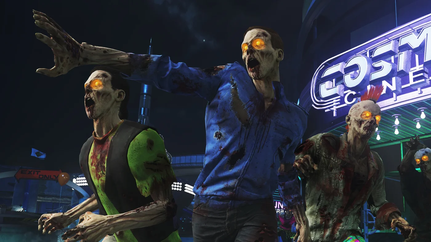 Zombies of Spaceland in front of the Cosmic Cinema, official screenshot, Spaceland, Call of Duty Infinite Warfare Zombies
