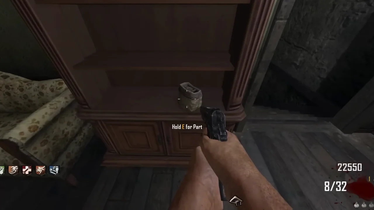 The ammo bag of the Turret on a shelf upstairs in the farmhouse, prompt Hold E for Part in TranZit, Call of Duty Black Ops II Zombies
