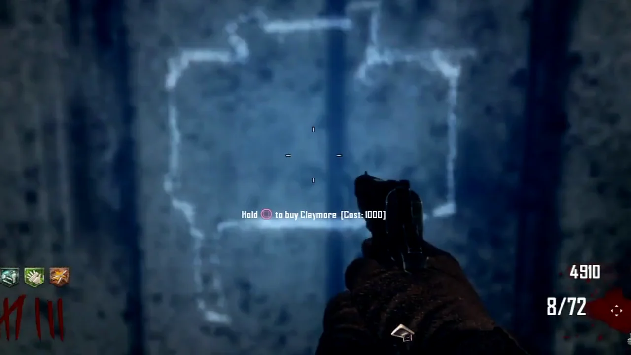 The Claymore chalk drawing on the back wall of the Farm shed, Hold to buy Claymore, Cost 1000 in TranZit, Call of Duty Black Ops II Zombies