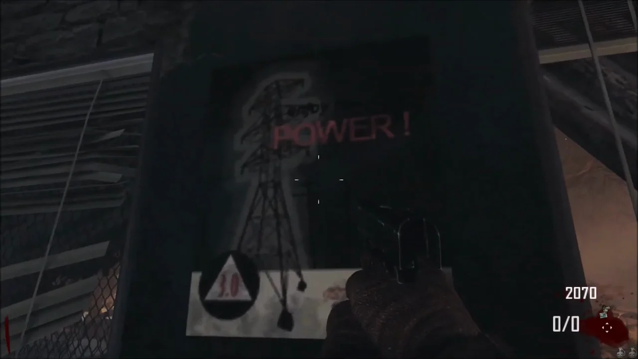 The poster of the electric tower marked POWER! on a wall of the depot hall, the First Room in TranZit, Call of Duty Black Ops II Zombies