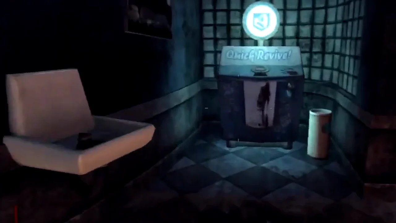 The Quick Revive machine in its tiled corner of the depot hall, the starting room in TranZit, Call of Duty Black Ops II Zombies