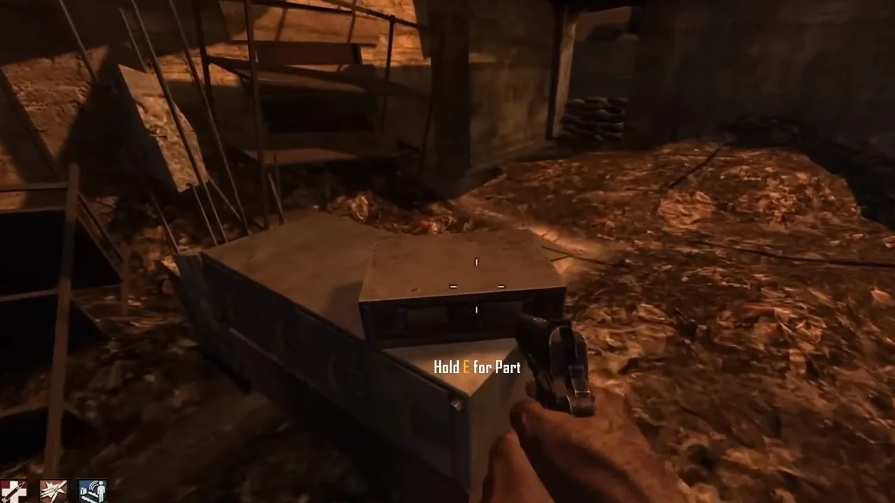 The radio of the NAV Table on a crate inside the Nacht der Untoten building, prompt Hold E for Part in TranZit, Call of Duty Black Ops II Zombies