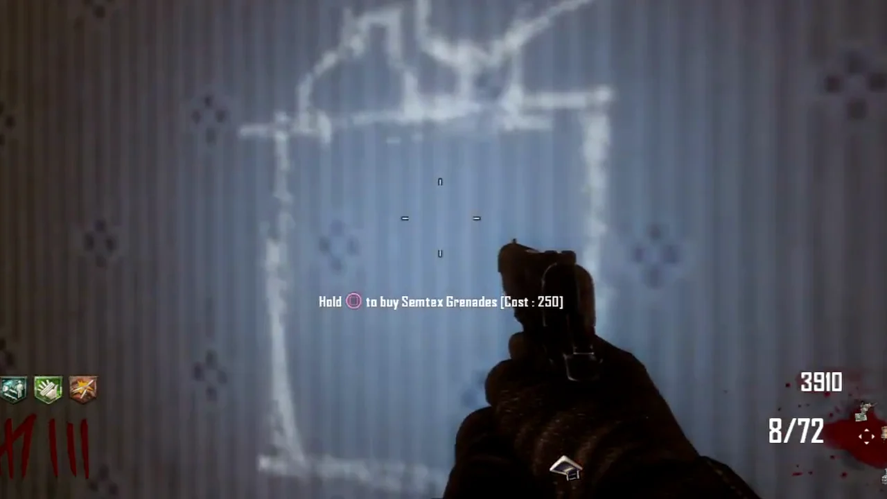 The Semtex chalk drawing on the wallpaper of the Rare Books store, Hold to buy Semtex Grenades, Cost 250 in TranZit, Call of Duty Black Ops II Zombies