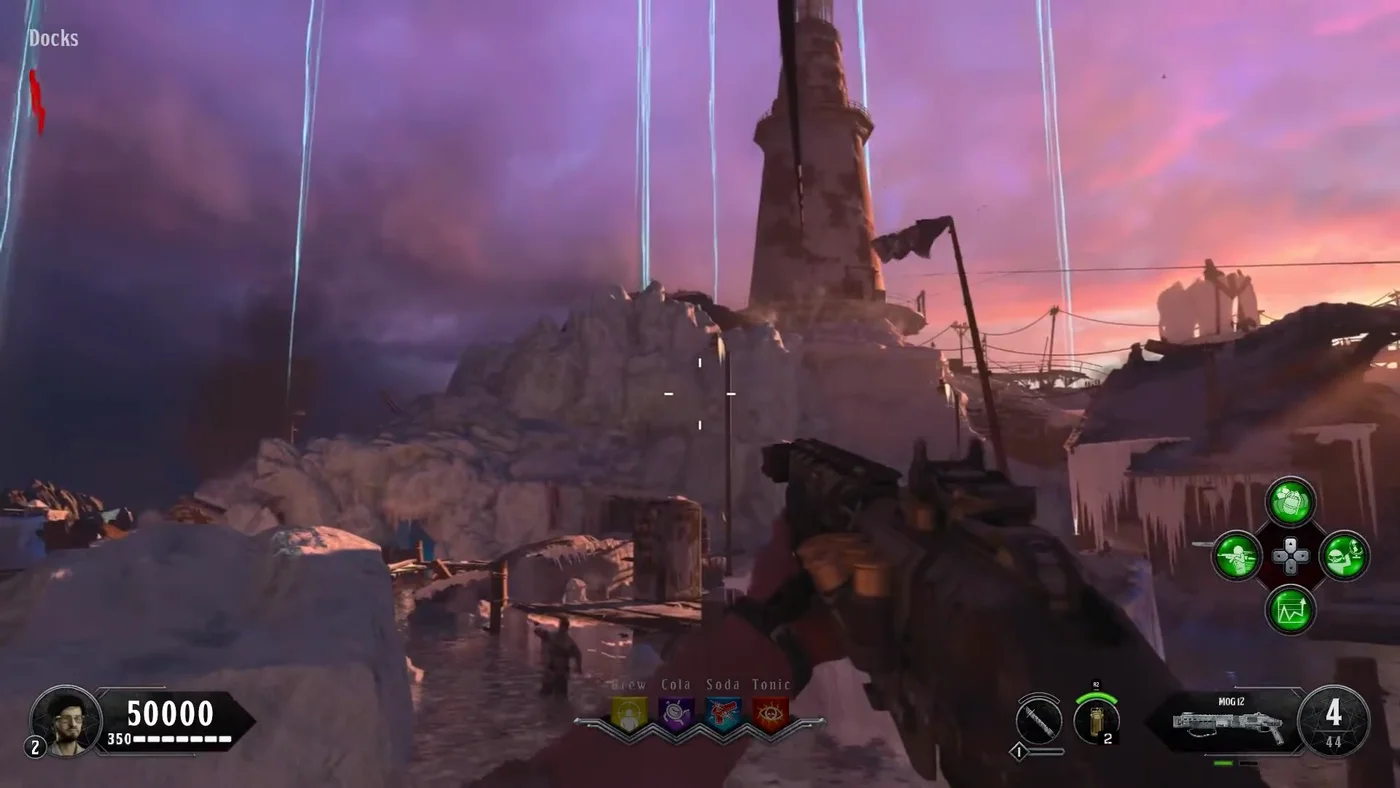 The Docks at dusk, with the lighthouse and the ice-bound shore behind the frozen water, Tag der Toten, Call of Duty Black Ops 4 Zombies